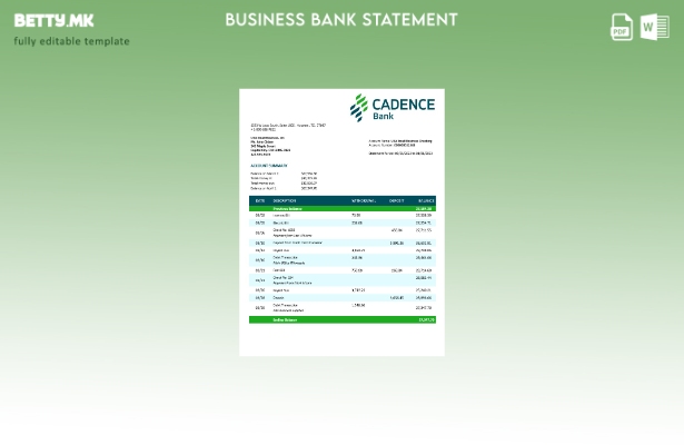 модерен стил Cadence Bank извод на корпоративна чековна сметка Шаблон Word и PDF